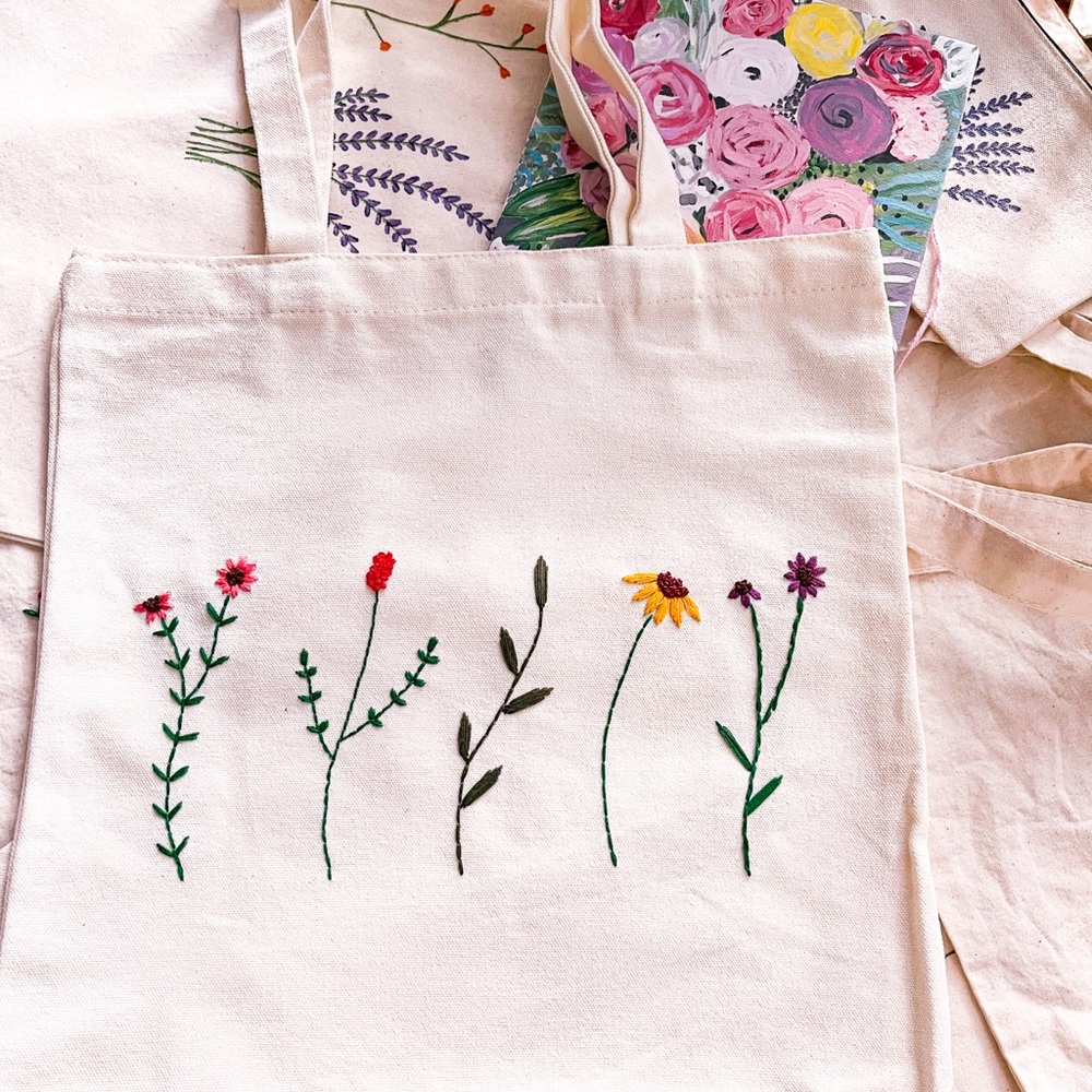 Handmade tote bag, hand embroidered tote bag for school, farmer’s market bag